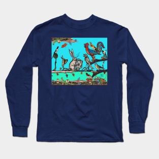 WEIRD MEDIEVAL BESTIARY MORNING MUSIC CONCERT OF RABBITS AND BIRDS IN TEAL BLUE Long Sleeve T-Shirt
